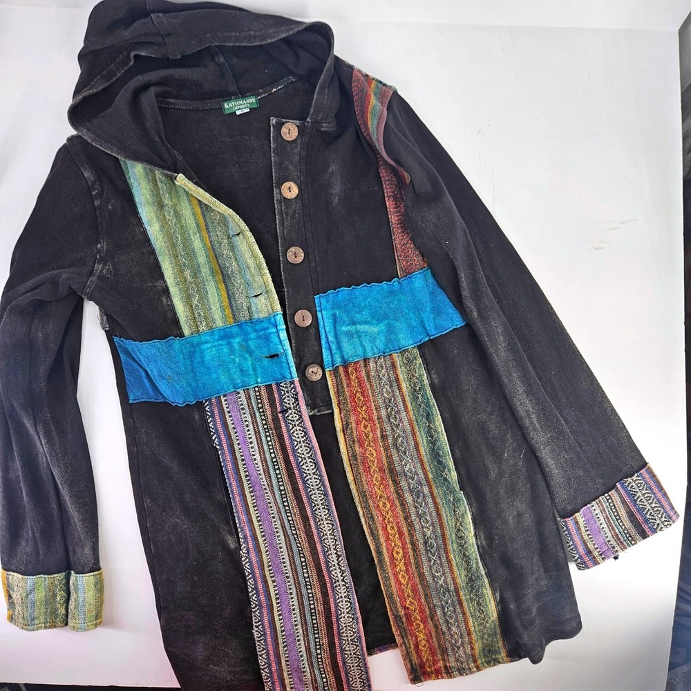 Kathmandu Imports Boho Patchwork Hooded Cotton Cardigan Jacket Black Multi M/L